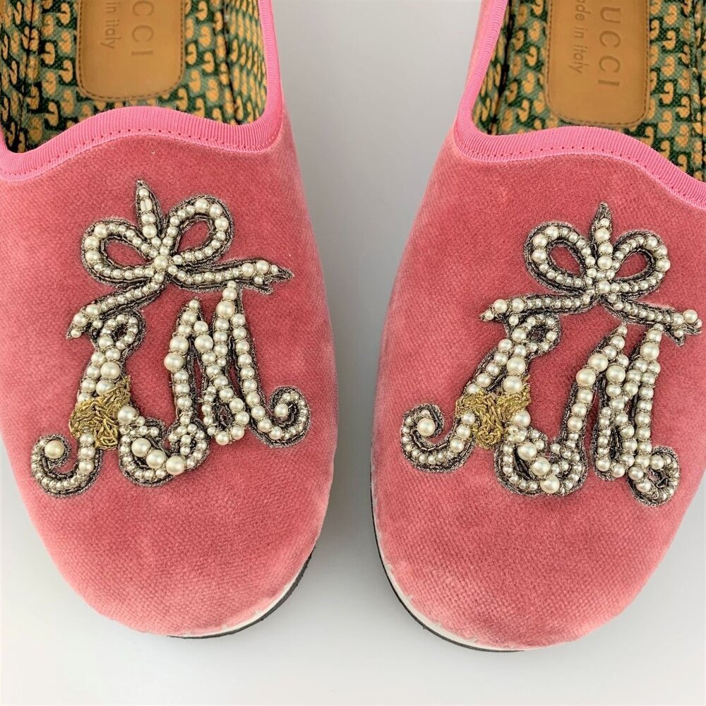 NIB Gucci Pink Velvet Pearl Monogram Slip on Loafers Size 4.5 - Picture 5 of 11